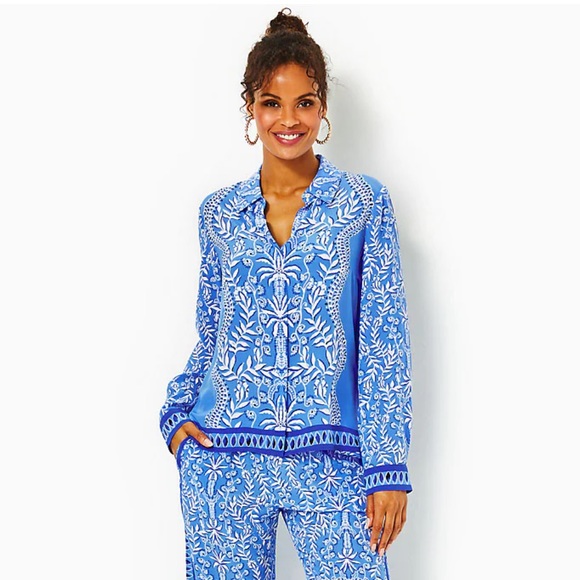 LILLY PULITZER KIRAN BUTTON DOWN SILK BLUE PRINTED BLOUSE SIZE LARGE - Picture 6 of 11